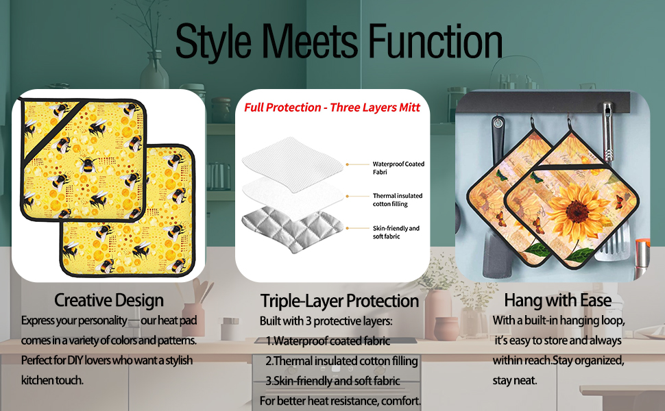 Vintage Floral Pot Holders Set of 2,Kitchen Heat Resistant Potholder for BBQ Cooking Baking,Food Hot Pad for Women Men