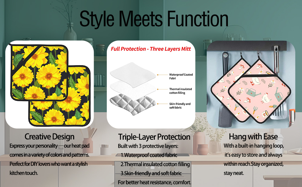 Watercolor Sunflower Floral Pot Holders Set of 2,Kitchen Heat Resistant Potholder for BBQ Cooking Baking,Food Hot Pad for Women Men