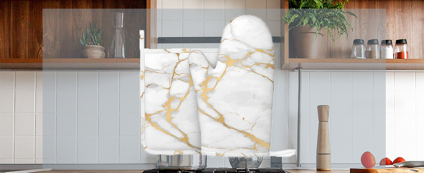 Oven Mitts and Pot Holders White Gold Marble Abstract Silicone Kitchen Accessories Set of 2 Heat Resistant Long Gloves Potholder Non-Slip Grip for Chef Cooking,Baking,Grilling,BBQ