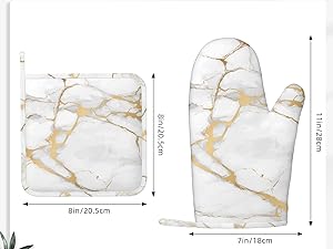 Oven Mitts and Pot Holders White Gold Marble Abstract Silicone Kitchen Accessories Set of 2 Heat Resistant Long Gloves Potholder Non-Slip Grip for Chef Cooking,Baking,Grilling,BBQ