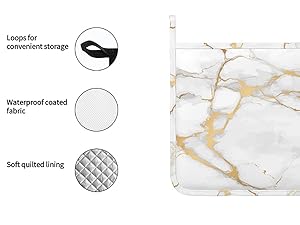 Oven Mitts and Pot Holders White Gold Marble Abstract Silicone Kitchen Accessories Set of 2 Heat Resistant Long Gloves Potholder Non-Slip Grip for Chef Cooking,Baking,Grilling,BBQ