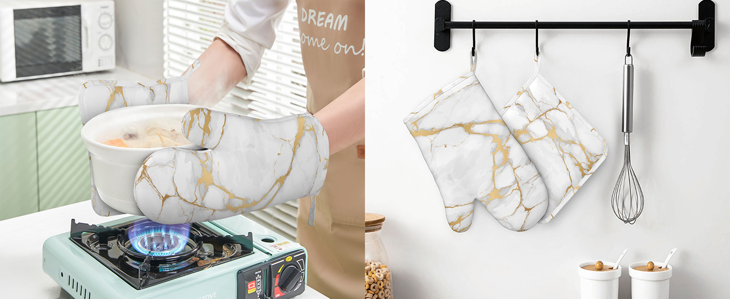 Oven Mitts and Pot Holders White Gold Marble Abstract Silicone Kitchen Accessories Set of 2 Heat Resistant Long Gloves Potholder Non-Slip Grip for Chef Cooking,Baking,Grilling,BBQ