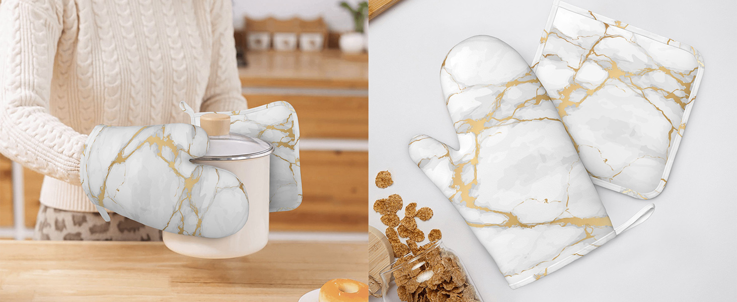 Oven Mitts and Pot Holders White Gold Marble Abstract Silicone Kitchen Accessories Set of 2 Heat Resistant Long Gloves Potholder Non-Slip Grip for Chef Cooking,Baking,Grilling,BBQ