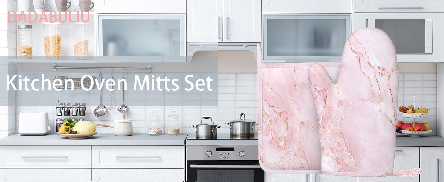 Oven Mitts and Pot Holders White Gold Marble Abstract Silicone Kitchen Accessories Set of 2 Heat Resistant Long Gloves Potholder Non-Slip Grip for Chef Cooking,Baking,Grilling,BBQ