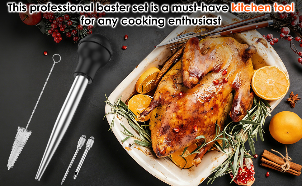 8-Piece Stainless Steel Turkey Baster Set, Meat Marinade Injector with 4 Needles & Cleaning Brush, Silicone Bulb Syringe for BBQ Thanksgiving Kitchen Cooking