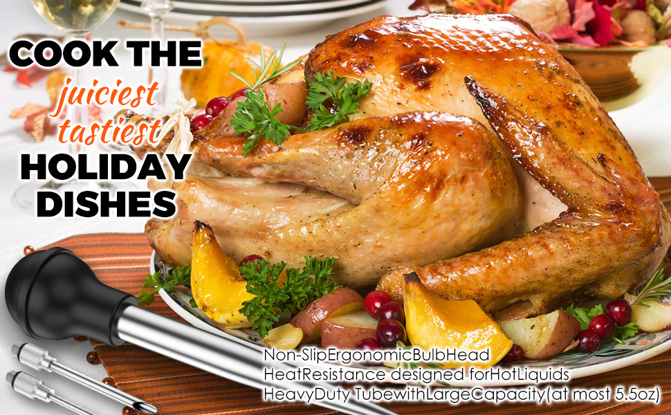 8-Piece Stainless Steel Turkey Baster Set, Meat Marinade Injector with 4 Needles & Cleaning Brush, Silicone Bulb Syringe for BBQ Thanksgiving Kitchen Cooking