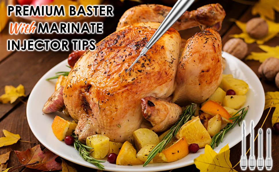 8-Piece Stainless Steel Turkey Baster Set, Meat Marinade Injector with 4 Needles & Cleaning Brush, Silicone Bulb Syringe for BBQ Thanksgiving Kitchen Cooking