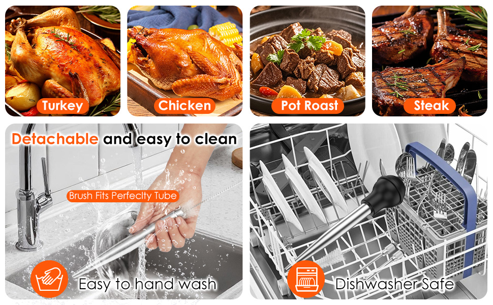 8-Piece Stainless Steel Turkey Baster Set, Meat Marinade Injector with 4 Needles & Cleaning Brush, Silicone Bulb Syringe for BBQ Thanksgiving Kitchen Cooking