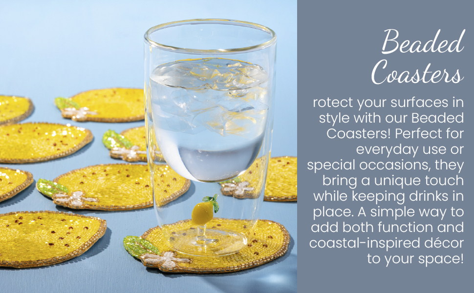 Karma, Lemon Beaded Drink Coasters Set of 4, Summer Round Beaded Coasters for Dinning Table and Coffee Table, Lemon