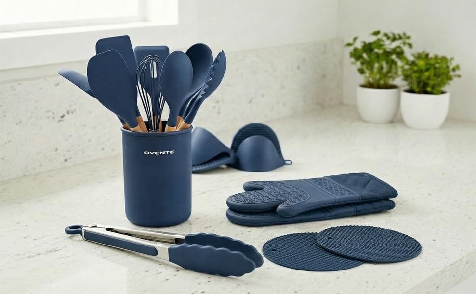 OVENTE Silicone Cooking Utensils Set, 17pcs Heat Resistant Kitchen Tools and Gadgets for Nonstick Cookware, BPA Free Spatula Set with Wooden Handle, Cup Holder, Oven Gloves and Hot Pads, Blue SPS17BL