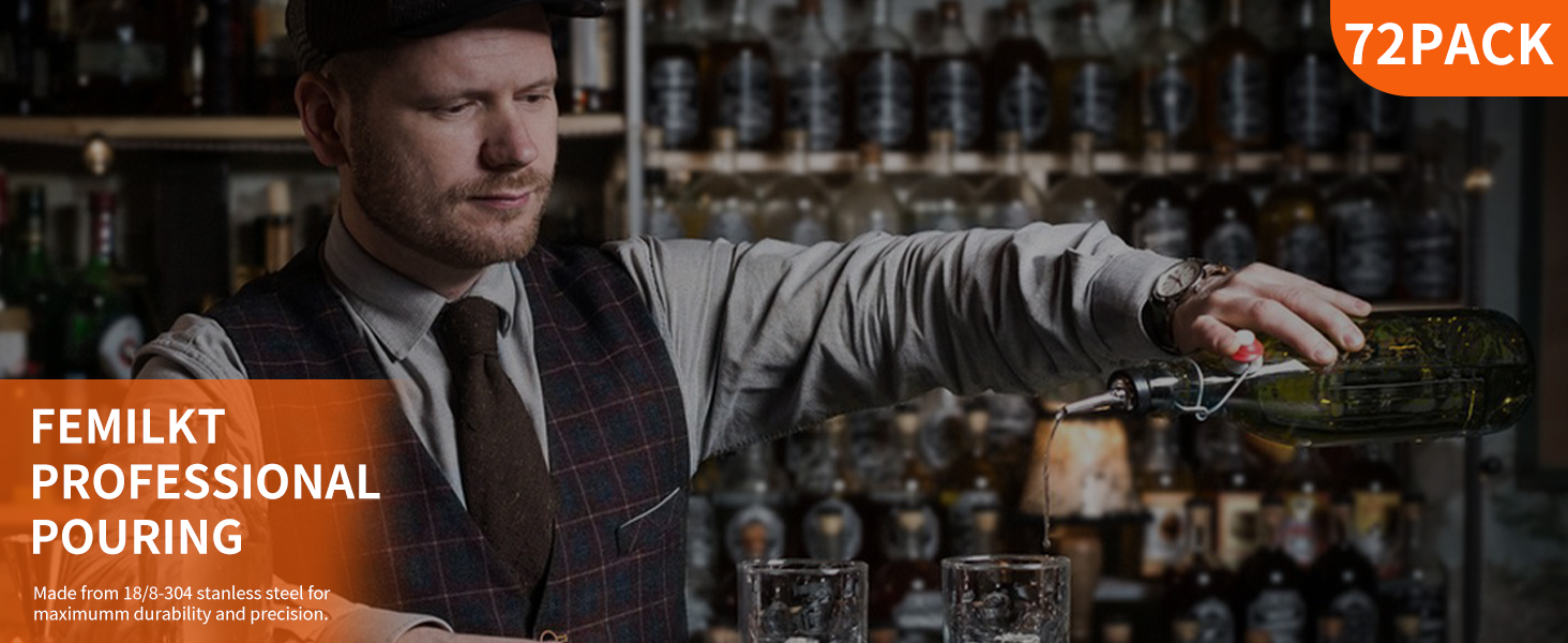 72 PACK Femilkt Liquor Pour Spout With Dust Caps,Stainless Steel Pourers Spouts for Liquor Bottles,Bottle Pourers for Alcohol, Olive Oil - Speed Pourers, Bar Bartender Accessories