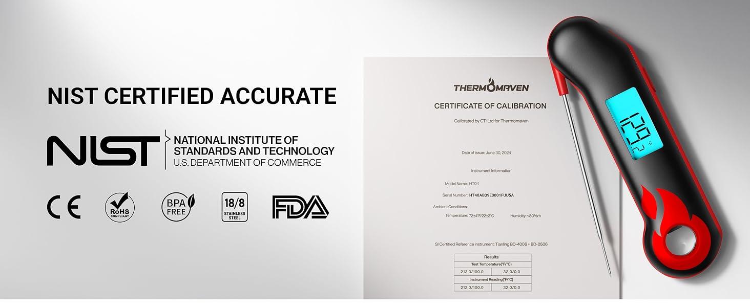 ThermoMaven Professional Meat Thermometer, Instant Read in 0.5 Sec, NIST Certified Accuracy ±0.5°F, IP67 Waterproof, Ambidextrous Backlight & Auto-Rotating Display, for BBQ/Grill/Cooking, Black&Red