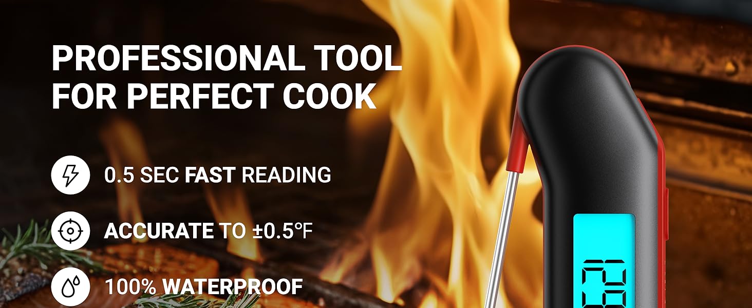 ThermoMaven Professional Meat Thermometer, Instant Read in 0.5 Sec, NIST Certified Accuracy ±0.5°F, IP67 Waterproof, Ambidextrous Backlight & Auto-Rotating Display, for BBQ/Grill/Cooking, Black&Red