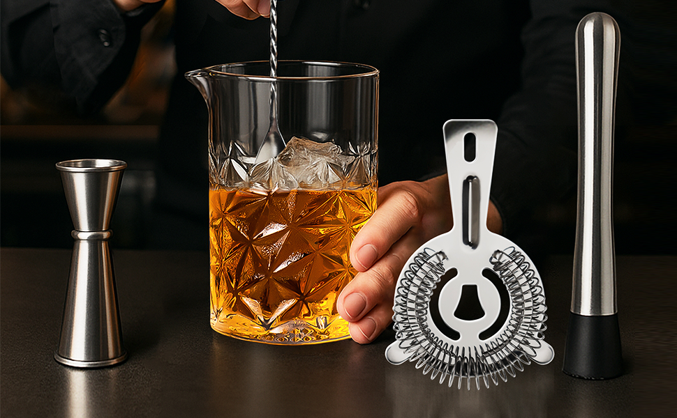 Cocktail Mixing Glass Kit, 24 OZ Crystal Stirring Glass with Stainless Steel Bar Tools – 2 OZ 1 OZ Jigger, Muddler, Strainer, Spoon, Recipe – Bartender Gifts for Men, Elegant Barware for Home & Party