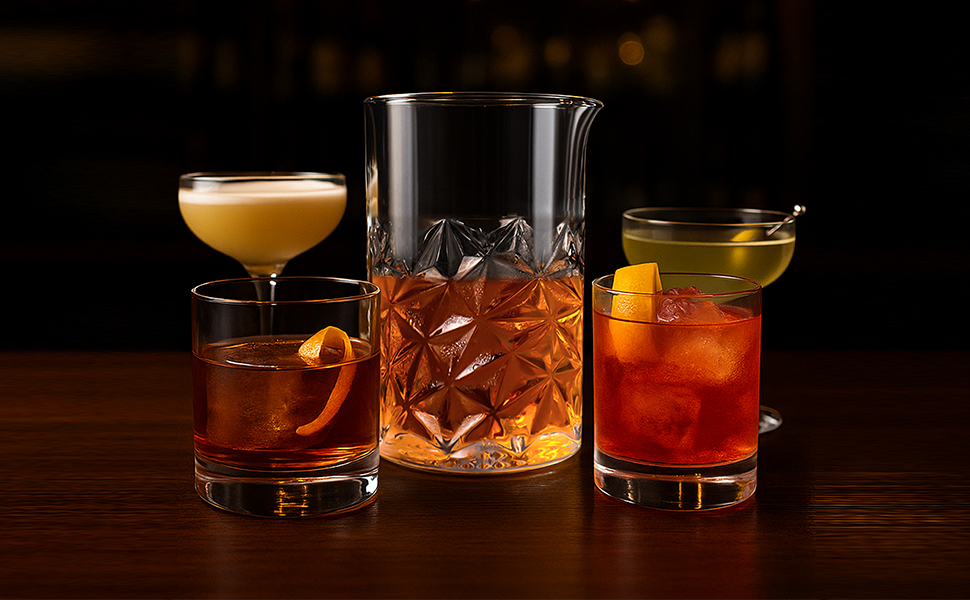 Cocktail Mixing Glass Kit, 24 OZ Crystal Stirring Glass with Stainless Steel Bar Tools – 2 OZ 1 OZ Jigger, Muddler, Strainer, Spoon, Recipe – Bartender Gifts for Men, Elegant Barware for Home & Party