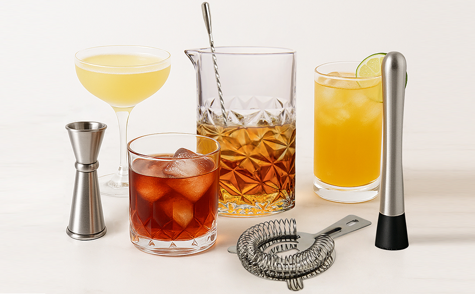 Cocktail Mixing Glass Kit, 24 OZ Crystal Stirring Glass with Stainless Steel Bar Tools – 2 OZ 1 OZ Jigger, Muddler, Strainer, Spoon, Recipe – Bartender Gifts for Men, Elegant Barware for Home & Party