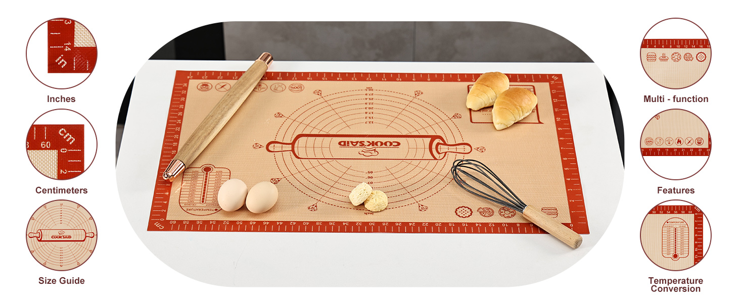 Cook's Aid Silicone Pastry Mat Extra Large with Measurements 26''x16'' for Reusable,Non-slip Silicone Baking Mat, Counter, Dough Rolling, Oven Liner,Fondant/Pie Crust,Dark Gray