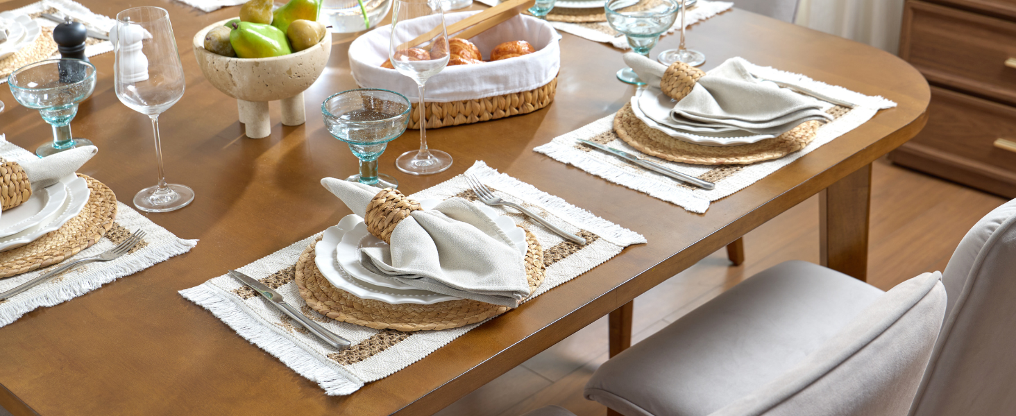 YANGQIHOME Boho Placemats Set of 6, Farmhouse Rustic Woven Placemats for Dining Table Decor, Handmade Braided Place Mats in Natural Cotton Jute and Water Straw for Kitchen Table
