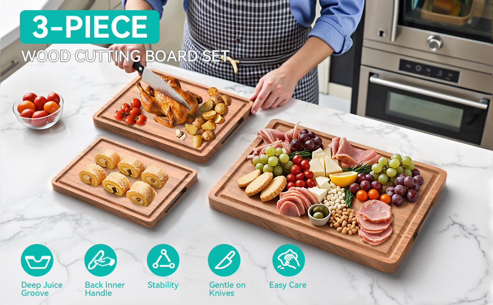 Acacia Wood Cutting Boards Set with Juice Groove & Handles for Kitchen 3-Piece Charcuterie Chopping Board for Meat Cheese Fruits Vegetables