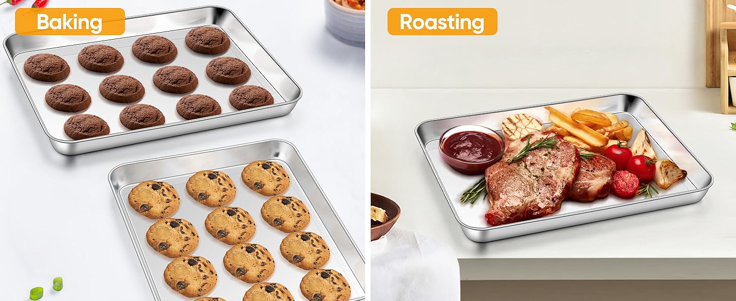 Homikit 2 Pack Baking Sheet, 9 x 13 Inches Stainless Steel Quarter Sheet Pan Set for Baking Cooking Toasting, Metal Cookie Tray Fits Toaster Oven, Non Stick & Rust Free, Dishwasher Safe
