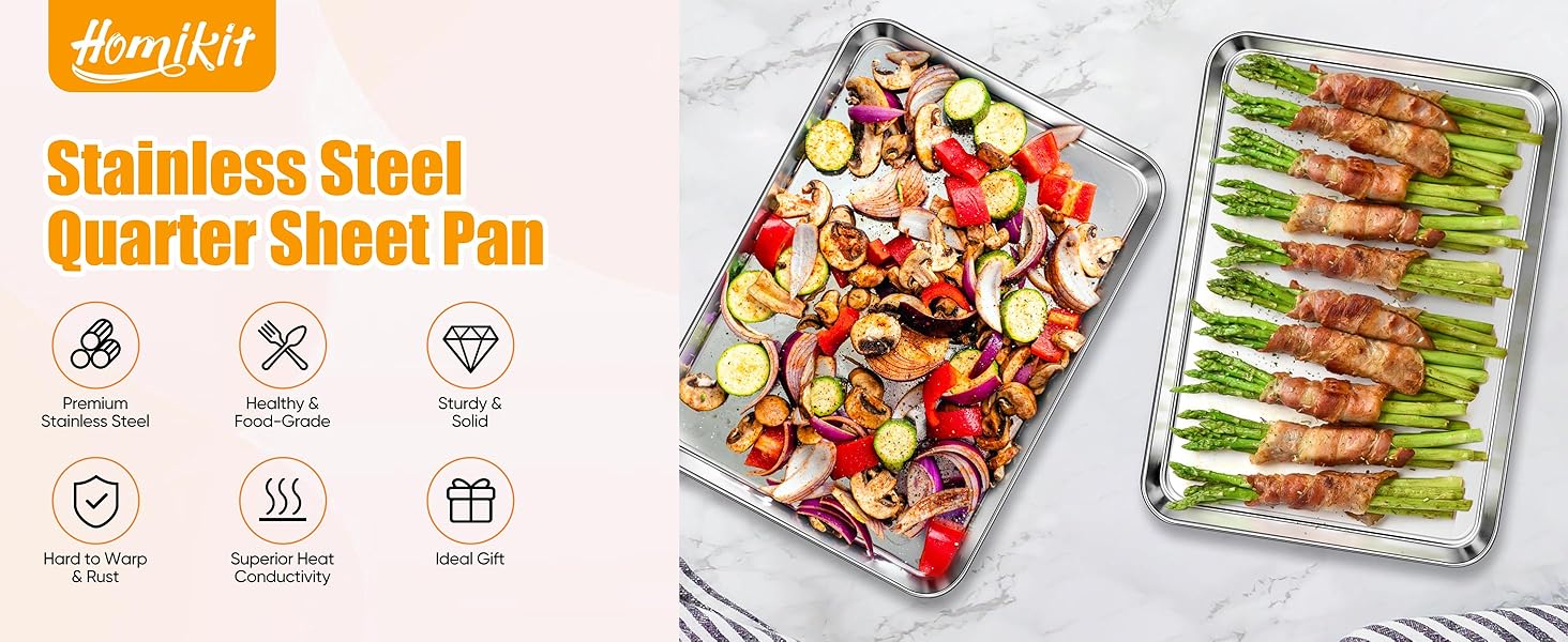 Homikit 2 Pack Baking Sheet, 9 x 13 Inches Stainless Steel Quarter Sheet Pan Set for Baking Cooking Toasting, Metal Cookie Tray Fits Toaster Oven, Non Stick & Rust Free, Dishwasher Safe