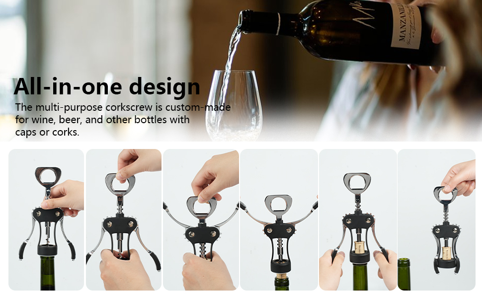 Wine Opener, Zinc Alloy Wine Bottle Opener, Wing Corkscrew Wine Bottle Opener, 2-in-1 Multifunctional Design (black)