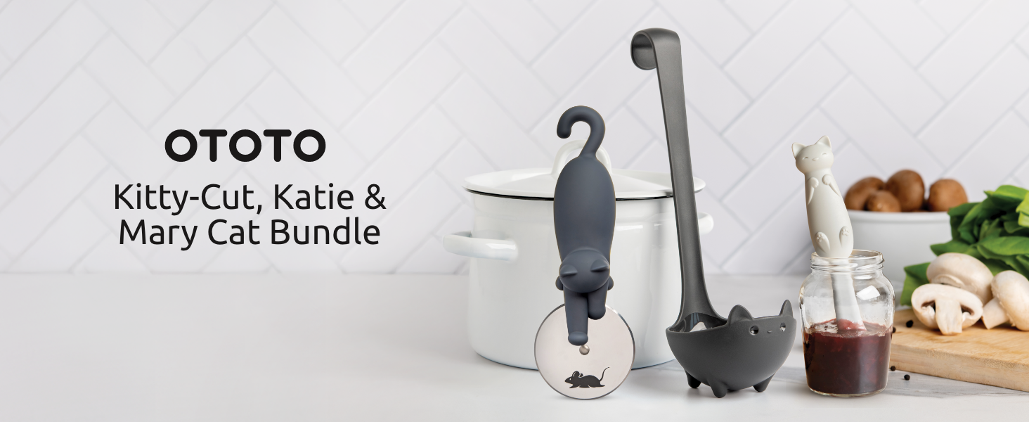 OTOTO Muscateers Bundle of Mary Cat, Katie, Kitty - Jar Scraper Spatula, Soup Ladle, Pizza Cutter - Cute Kitchen Accessories, Spooky Gothic Cat Gifts for Women, Kitchen Gifts, Halloween Gifts