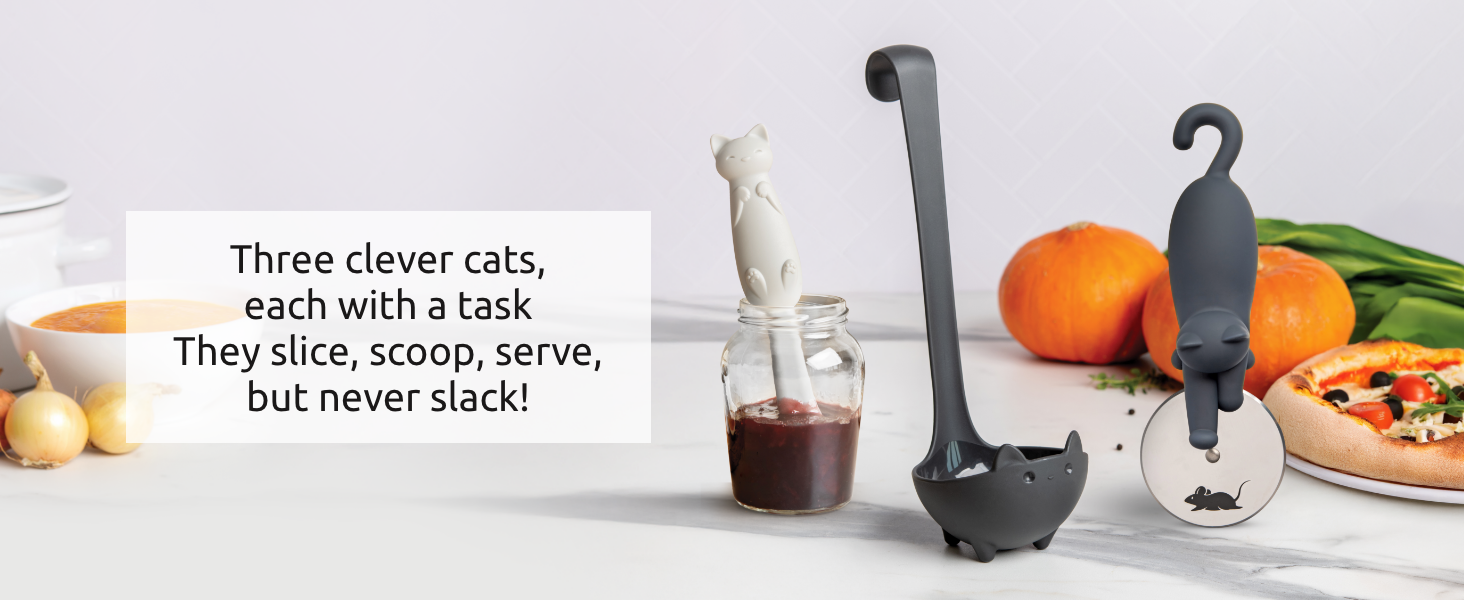 OTOTO Muscateers Bundle of Mary Cat, Katie, Kitty - Jar Scraper Spatula, Soup Ladle, Pizza Cutter - Cute Kitchen Accessories, Spooky Gothic Cat Gifts for Women, Kitchen Gifts, Halloween Gifts