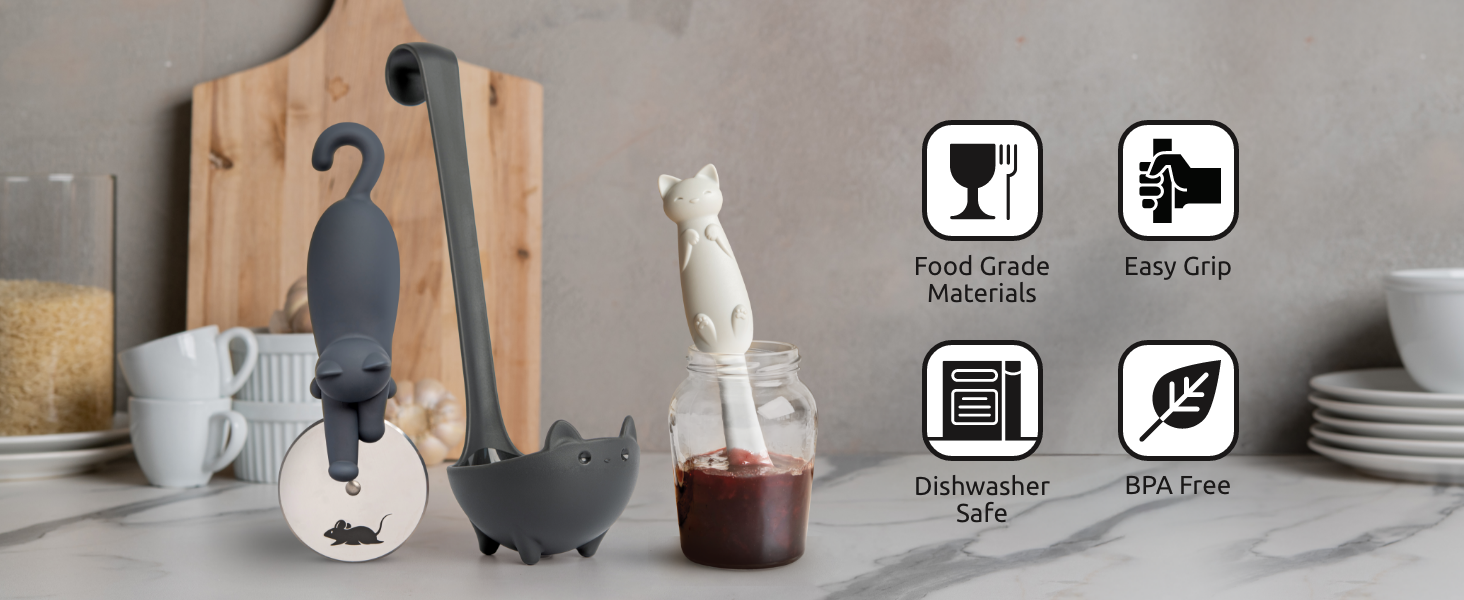 OTOTO Muscateers Bundle of Mary Cat, Katie, Kitty - Jar Scraper Spatula, Soup Ladle, Pizza Cutter - Cute Kitchen Accessories, Spooky Gothic Cat Gifts for Women, Kitchen Gifts, Halloween Gifts