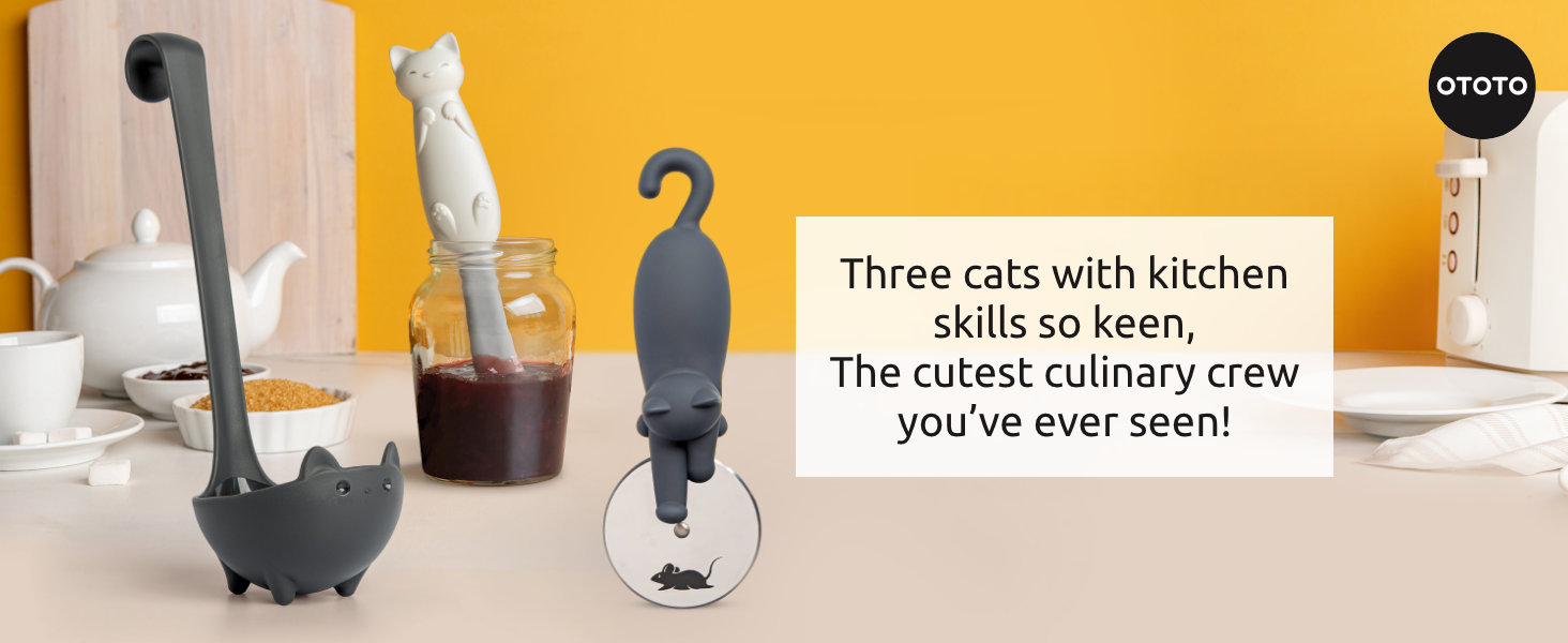 OTOTO Muscateers Bundle of Mary Cat, Katie, Kitty - Jar Scraper Spatula, Soup Ladle, Pizza Cutter - Cute Kitchen Accessories, Spooky Gothic Cat Gifts for Women, Kitchen Gifts, Halloween Gifts