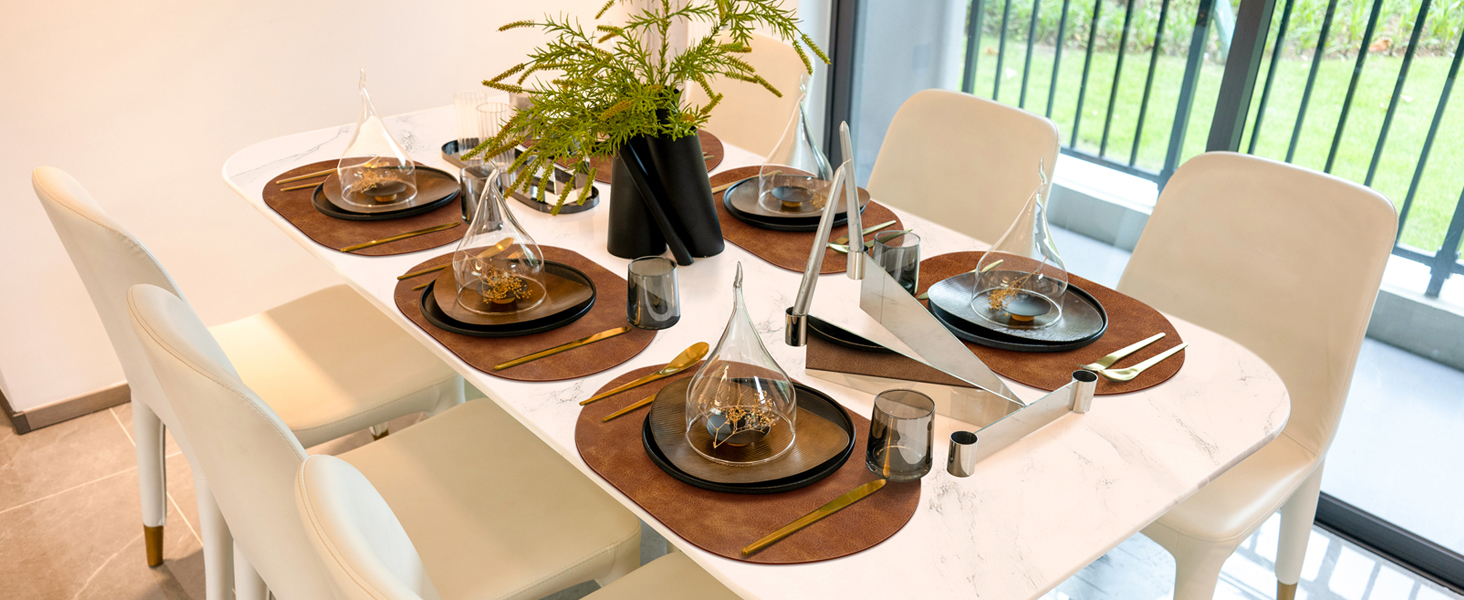 ADRIMER Placemats, Heat Resistant Oval Placemats Set of 4 Washable 12 x 17 Inch, Waterproof Table Mats, Wipeable Pu Place Mats for Kitchen, Dining Room, Turmeric Brown+Light Brown+Green+Blue