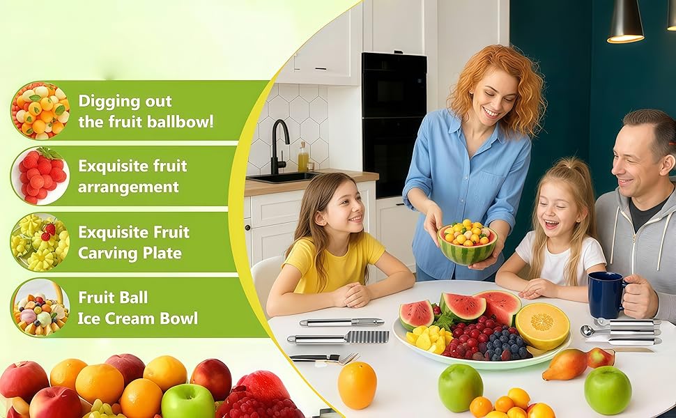 5 Pcs Stainless Steel Fruit Carving Knife Set, Kitchen Fruit Carving Knife, Watermelon and Ice Cream Scoop, 2-in-1 Dig Pulp Separator Fruit Peeling Tool, Crinkle Knife and Lemon Zester Grater