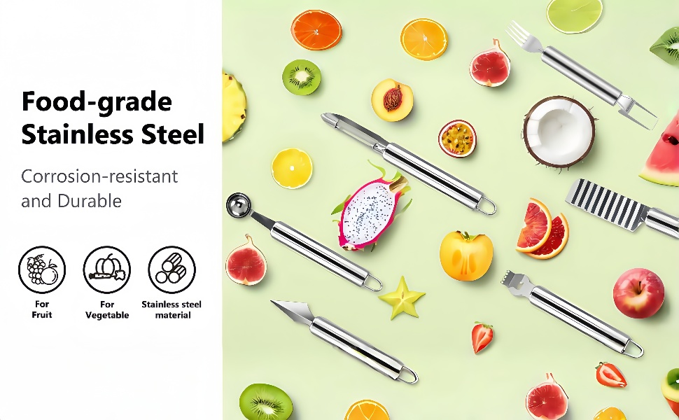 5 Pcs Stainless Steel Fruit Carving Knife Set, Kitchen Fruit Carving Knife, Watermelon and Ice Cream Scoop, 2-in-1 Dig Pulp Separator Fruit Peeling Tool, Crinkle Knife and Lemon Zester Grater