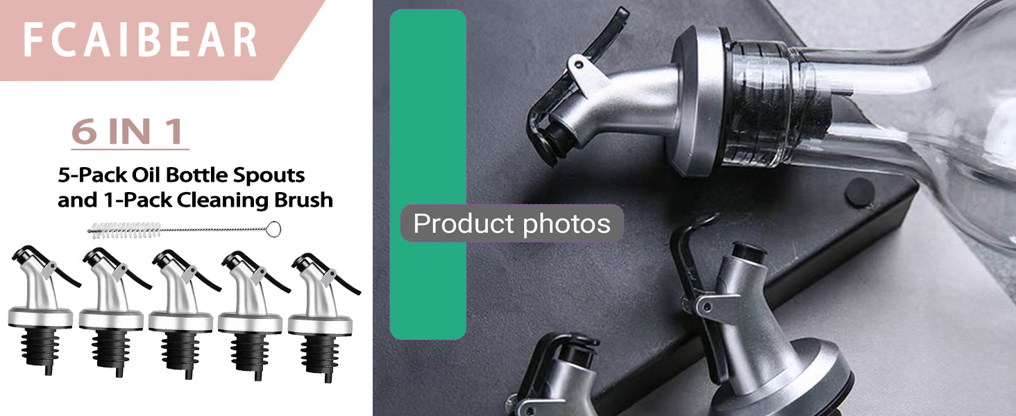 7-Pack Professional Oil Pour Spouts - Extra Wide Mouth for Syrup & Soy Sauce Bottles + Standard Wine Stoppers (Silver)