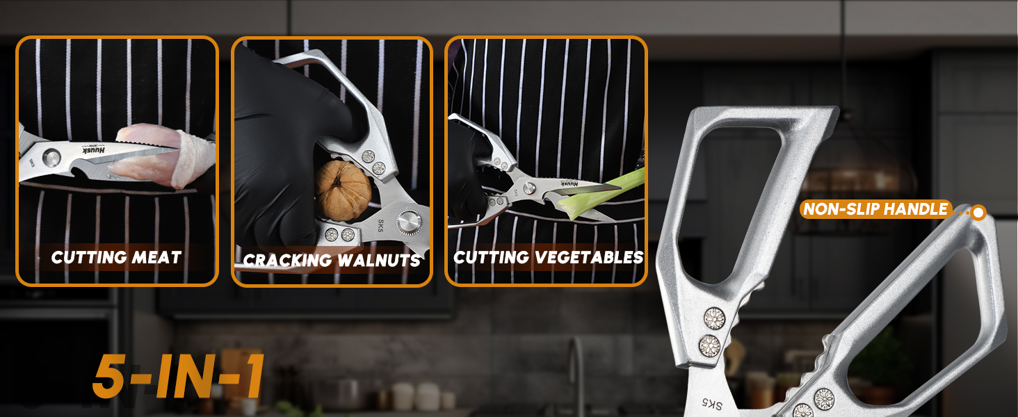 HUUSK Kitchen Scissors All Purpose - Stainless Steel Kitchen Shear, Sharp Silver Meat Scissors Dishwasher Safe, Heavy Duty Poultry Shears, Japanese Cooking Scissor for Food, Christmas Gifts for Women