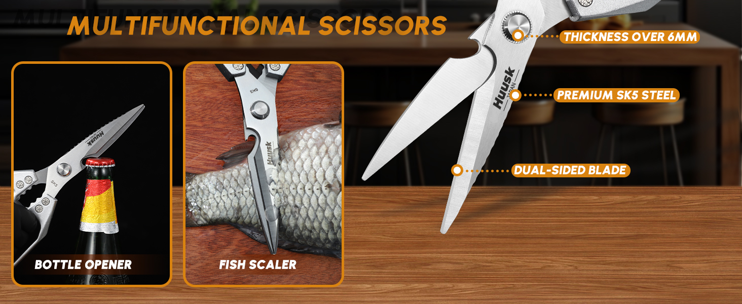 HUUSK Kitchen Scissors All Purpose - Stainless Steel Kitchen Shear, Sharp Silver Meat Scissors Dishwasher Safe, Heavy Duty Poultry Shears, Japanese Cooking Scissor for Food, Christmas Gifts for Women