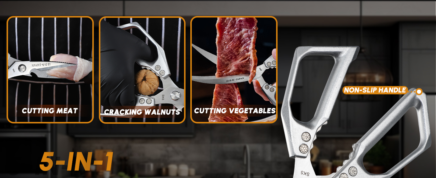 HUUSK Kitchen Scissors Set Silver - Stainless Steel Kitchen Shear, Sharp Meat Scissors Dishwasher Safe, Heavy Duty Poultry Shears, Japanese Cooking Scissor for Food, Christmas Gifts for Men Women