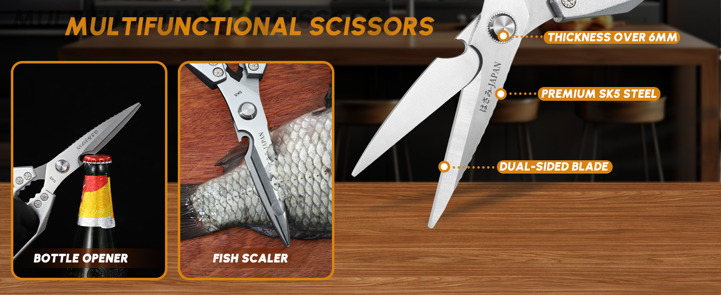 HUUSK Kitchen Scissors Set Silver - Stainless Steel Kitchen Shear, Sharp Meat Scissors Dishwasher Safe, Heavy Duty Poultry Shears, Japanese Cooking Scissor for Food, Christmas Gifts for Men Women