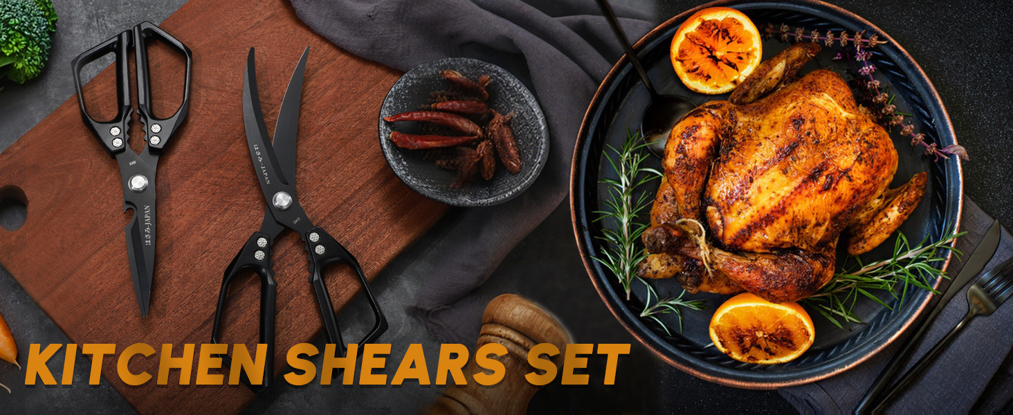 HUUSK Kitchen Scissors Set Black - Stainless Steel Kitchen Shears, Sharp Meat Scissors Dishwasher Safe, Heavy Duty Poultry Shears All Purpose, Japanese Cooking Scissor for Food,Christmas Gifts for Men