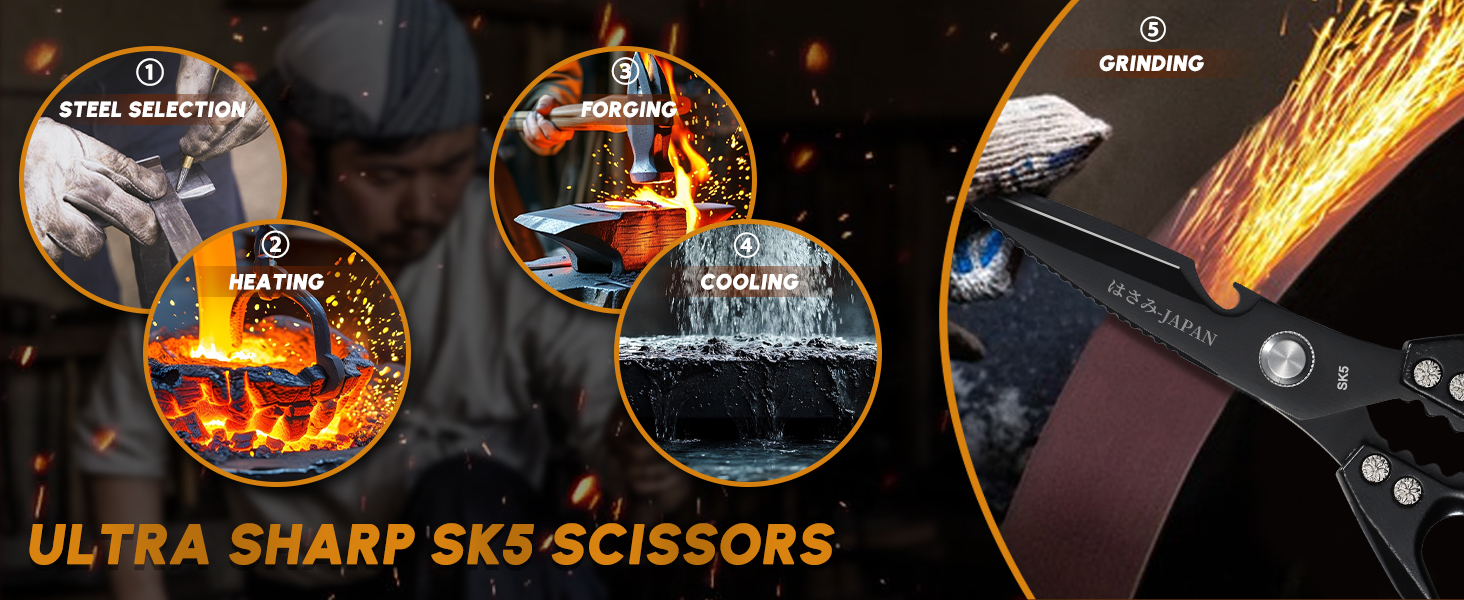 HUUSK Kitchen Scissors Set Black - Stainless Steel Kitchen Shears, Sharp Meat Scissors Dishwasher Safe, Heavy Duty Poultry Shears All Purpose, Japanese Cooking Scissor for Food,Christmas Gifts for Men