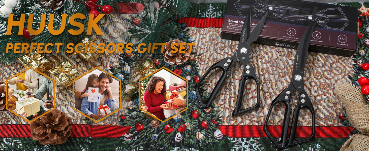 HUUSK Kitchen Scissors Set Black - Stainless Steel Kitchen Shears, Sharp Meat Scissors Dishwasher Safe, Heavy Duty Poultry Shears All Purpose, Japanese Cooking Scissor for Food,Christmas Gifts for Men