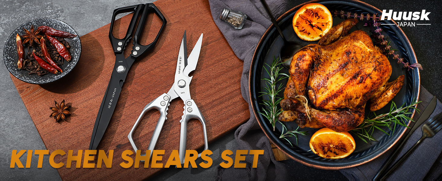 HUUSK Kitchen Shears Set Upgraded - Stainless Steel Kitchen Scissors, Sharp Meat Scissors, Heavy Duty Poultry Shear, Japanese Cooking Scissor for Food, Dishwasher Safe, Christmas Gifts for Men Women