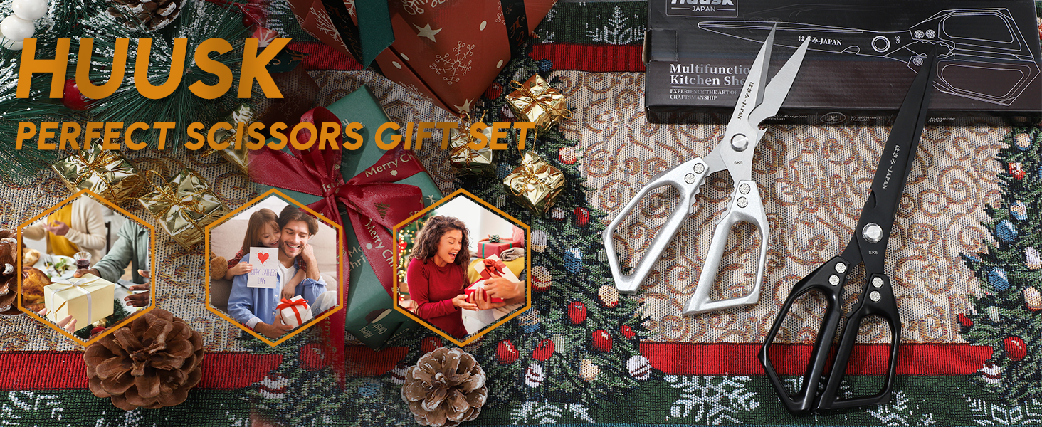 HUUSK Kitchen Shears Set Upgraded - Stainless Steel Kitchen Scissors, Sharp Meat Scissors, Heavy Duty Poultry Shear, Japanese Cooking Scissor for Food, Dishwasher Safe, Christmas Gifts for Men Women