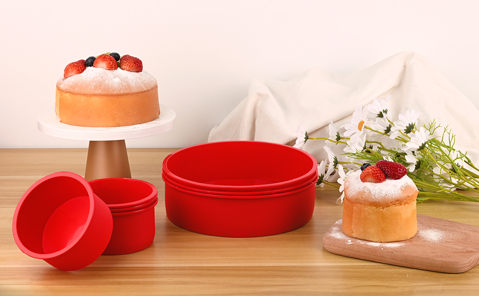 HUAKENER 4 Inch Cake Pan, 4 Pack Silicone Cake Molds with 100 Pieces Parchment Paper, Nonstick Round Cake Pan for Smash Cakes, Layer Cakes, Cheese Caks, Chocolate Cakes