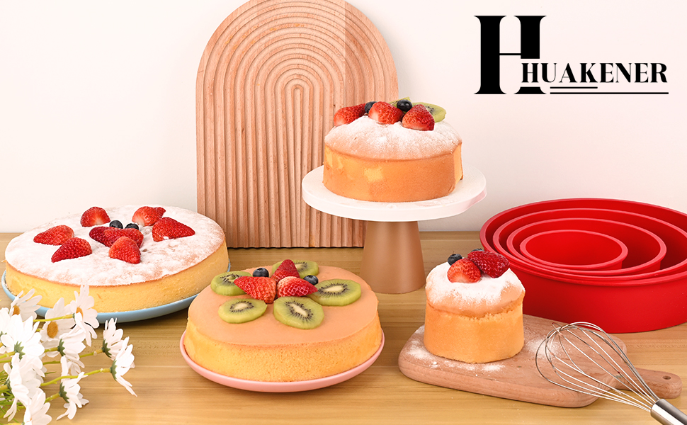 HUAKENER 4 Inch Cake Pan, 4 Pack Silicone Cake Molds with 100 Pieces Parchment Paper, Nonstick Round Cake Pan for Smash Cakes, Layer Cakes, Cheese Caks, Chocolate Cakes