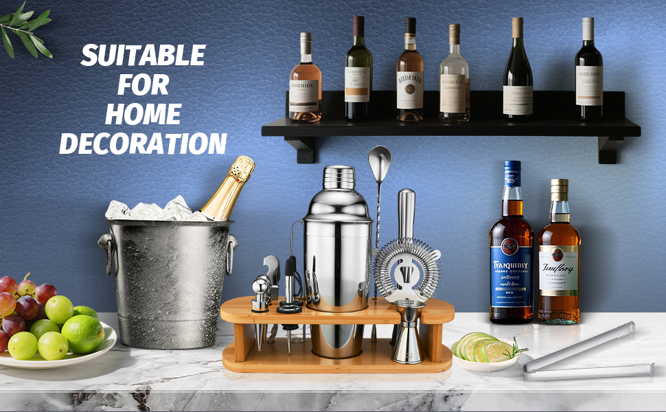 Cocktail Shaker Set Bartender Kit: 13-Pcs Bar Tools Set with Bamboo Stand, Essential Bar Accessories for Home: 25oz Martini Shaker, Jigger, Bar Spoon, Professional Cocktails Kit for Drink Mixing |Gift