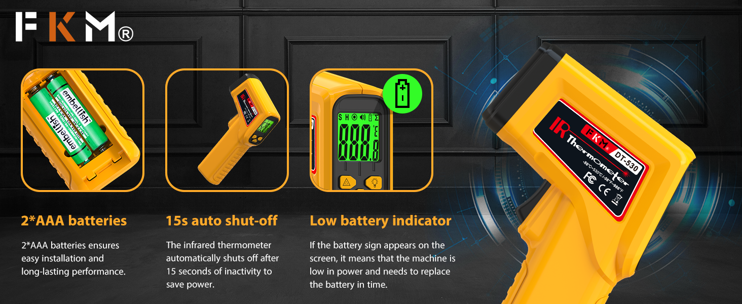 FKM Infrared Thermometer Gun Non-Contact Laser Temperature Gun,-58°F~986°F(-50°C~530°C) AdjustableEmissivity,Digital Thermometer Gun for Industrial,Kitchen Cooking,Oven,Automotive,HVAC,Not for Human