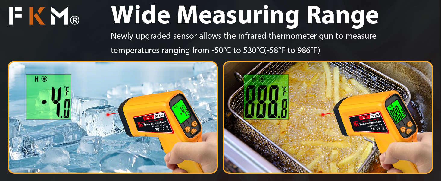 FKM Infrared Thermometer Gun Non-Contact Laser Temperature Gun,-58°F~986°F(-50°C~530°C) AdjustableEmissivity,Digital Thermometer Gun for Industrial,Kitchen Cooking,Oven,Automotive,HVAC,Not for Human