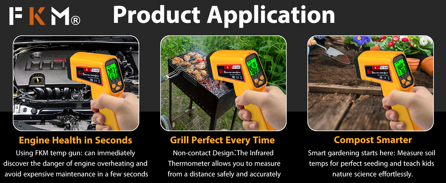 FKM Infrared Thermometer Gun Non-Contact Laser Temperature Gun,-58°F~986°F(-50°C~530°C) AdjustableEmissivity,Digital Thermometer Gun for Industrial,Kitchen Cooking,Oven,Automotive,HVAC,Not for Human