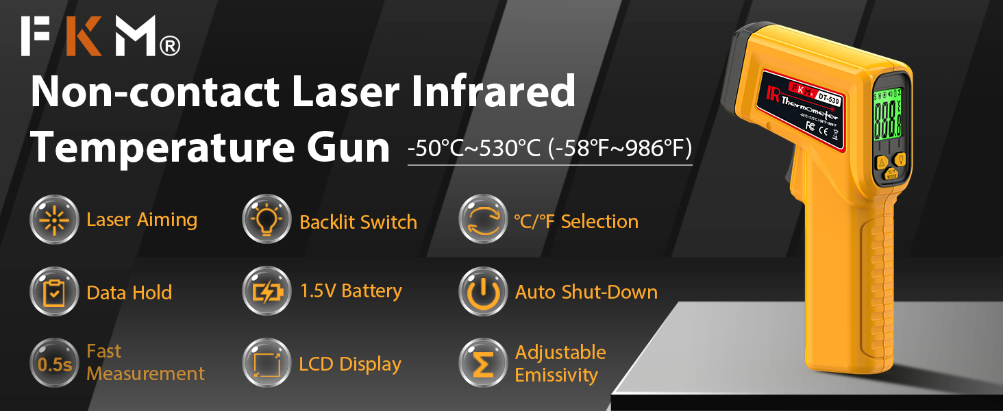 FKM Infrared Thermometer Gun Non-Contact Laser Temperature Gun,-58°F~986°F(-50°C~530°C) AdjustableEmissivity,Digital Thermometer Gun for Industrial,Kitchen Cooking,Oven,Automotive,HVAC,Not for Human